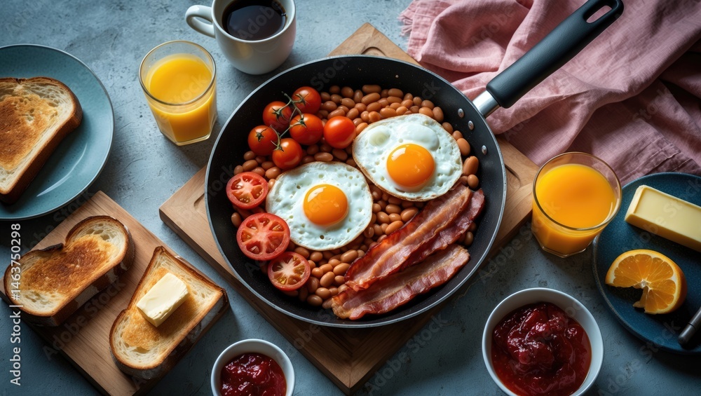 Full English breakfast in a skillet featuring fried eggs, bacon, beans, grilled tomatoes, toast with butter and jam, alongside coffee and orange juice on a wooden surface.