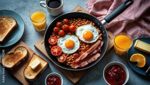 Obraz na płótnie Full English breakfast in a skillet featuring fried eggs, bacon, beans, grilled tomatoes, toast with butter and jam, alongside coffee and orange juice on a wooden surface. w salonie
