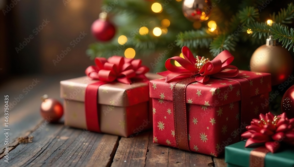 Vibrant gift boxes with glossy satin bows nestled beneath a decorated Christmas tree , festive, blue Vibrant gift boxes with glossy satin bows nestled beneath a decorated Christmas tree , festive, blue