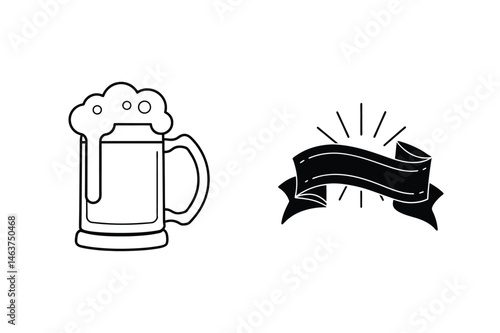 Black and white vector illustration of beer mug and ribbon for celebration designs.