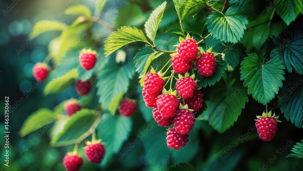 Detailed view of a bright, juicy blackberry cluster amidst green leaves