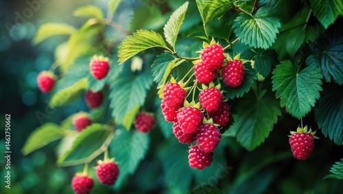 Obraz na płótnie Detailed view of a bright, juicy blackberry cluster amidst green leaves w salonie