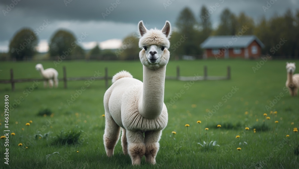 Cute alpaca face shot with fluffy animals enjoying summer in the field
