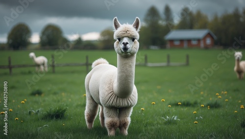 Obraz na płótnie Cute alpaca face shot with fluffy animals enjoying summer in the field w salonie