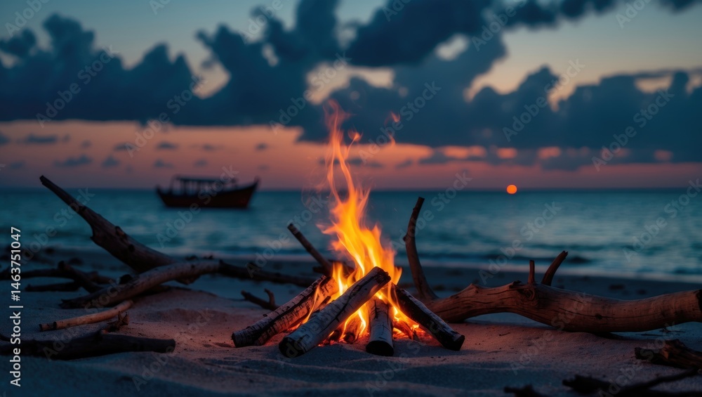 Sunset beach bonfire scene featuring ocean, boat, and tropical surroundings