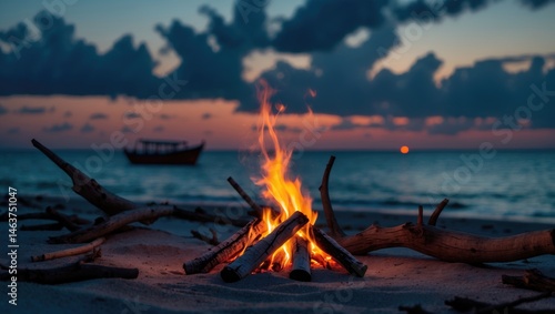 Obraz na płótnie Sunset beach bonfire scene featuring ocean, boat, and tropical surroundings w salonie