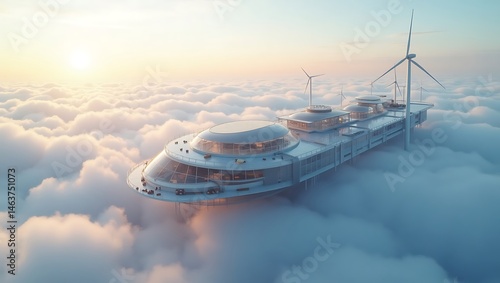 A floating utopian city above clouds, powered by solar-energy domes and wind turbines