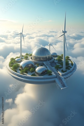 A floating utopian city above clouds, powered by solar-energy domes and wind turbines