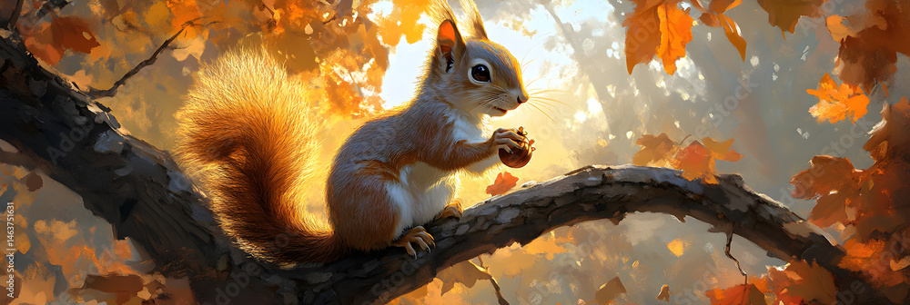 A Curious Squirrel with an Acorn in a Sunlit Autumn Canopy