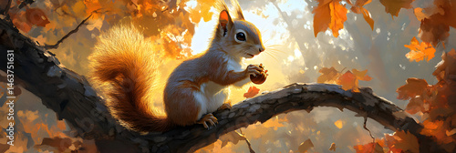 A Curious Squirrel with an Acorn in a Sunlit Autumn Canopy