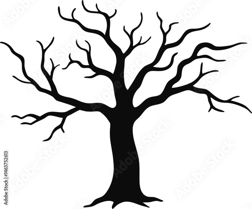 
Leafless Bare Tree Silhouette with Twisted Curved Branches, Black Creepy old dead Naked trees without leaves spooky Forest Silhouette design for Halloween and Winter event Nature theme decoration
