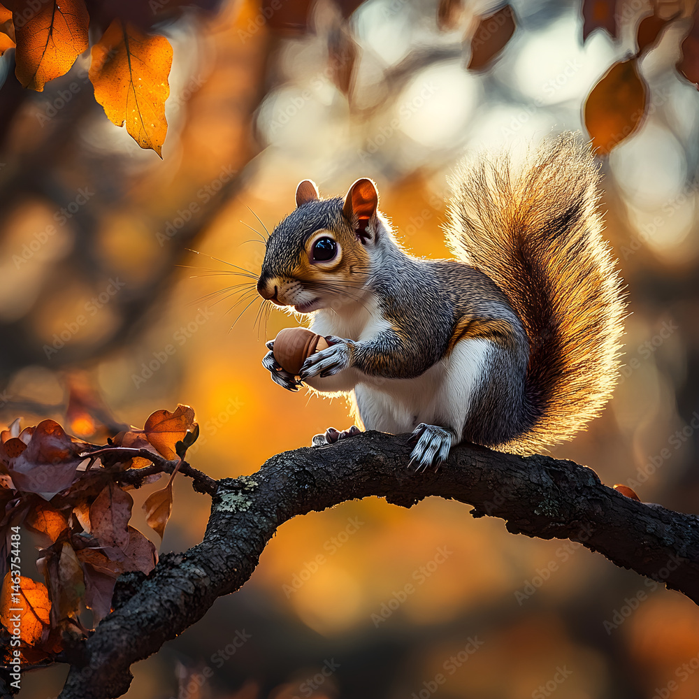 A Curious Squirrel with an Acorn in a Sunlit Autumn Canopy