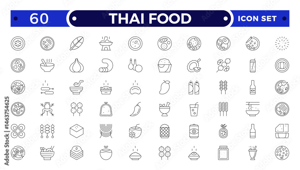 Thai food outline icon set. Included the icons as dumplings, skewer, sausage, grilled chicken wings, asian style, fruit bowl, pad thai and more. Thai food outline icon set. Included the icons as dumplings, skewer, sausage, grilled chicken wings, asian style, fruit bowl, pad thai and more.
