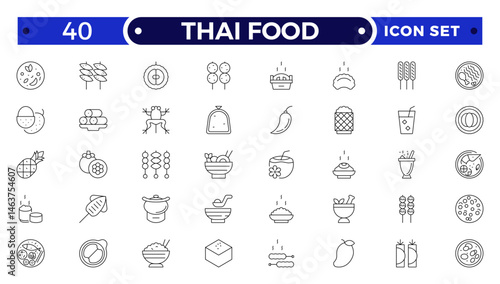 Thai food outline icon set. Included the icons as dumplings, skewer, sausage, grilled chicken wings, asian style, fruit bowl, pad thai and more.
