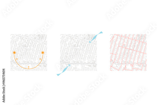 architecture site analysis symbol icon element drawing graphic flat isolated vector. architecture element line sun wind sound sun path vegetation.