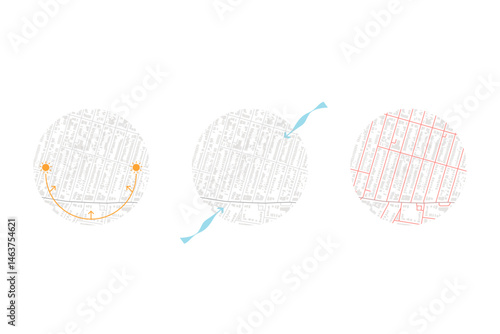 architecture site analysis symbol icon element drawing graphic flat isolated vector. architecture element line sun wind sound sun path vegetation.