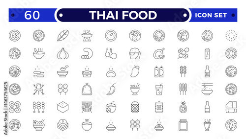 Thai food outline icon set. Included the icons as dumplings, skewer, sausage, grilled chicken wings, asian style, fruit bowl, pad thai and more.