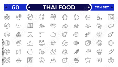 Thai food outline icon set. Included the icons as dumplings, skewer, sausage, grilled chicken wings, asian style, fruit bowl, pad thai and more.