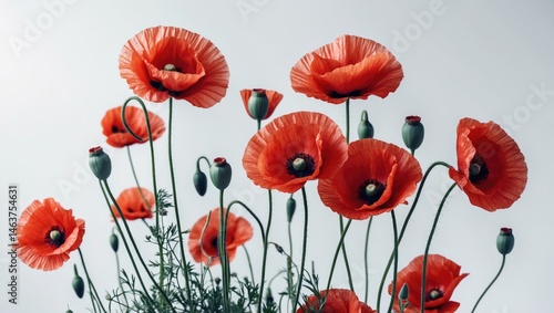 Vivid Red Poppies with Green Stems Against White