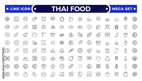 Thai food outline icon set. Included the icons as dumplings, skewer, sausage, grilled chicken wings, asian style, fruit bowl, pad thai and more.