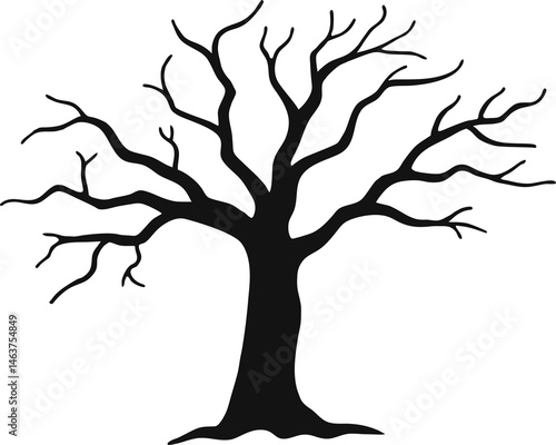 
Leafless Bare Tree Silhouette with Twisted Curved Branches, Black Creepy old dead Naked trees without leaves spooky Forest Silhouette design for Halloween and Winter event Nature theme decoration
