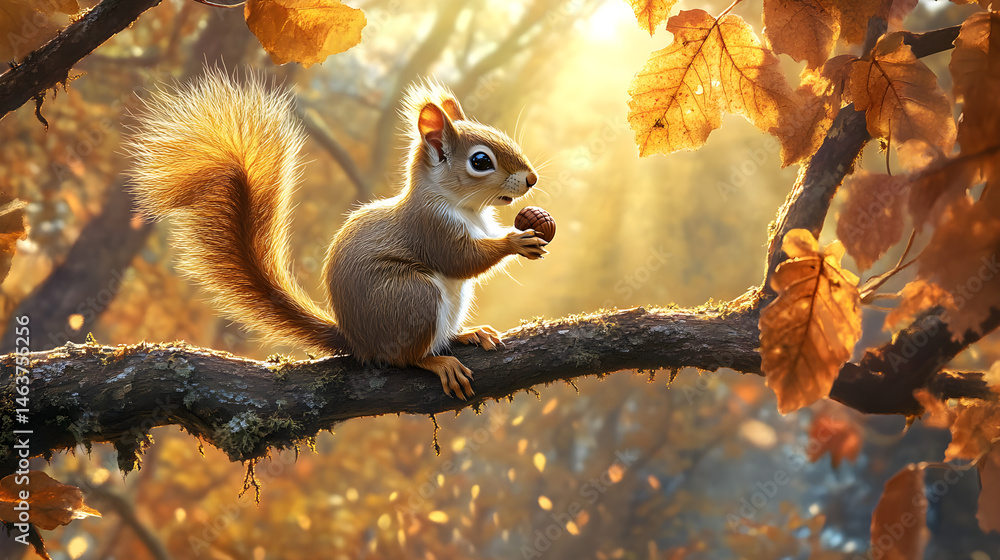 A Curious Squirrel with an Acorn in a Sunlit Autumn Canopy