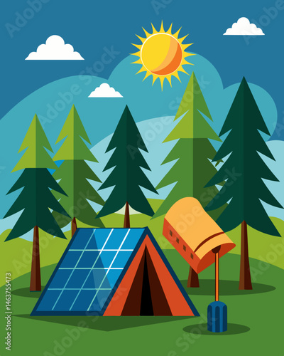 As the sun shines down on the treetops the solar panels at a forest campsite harness the energy and store it for campers to use throughout their stay.. Vector illustration