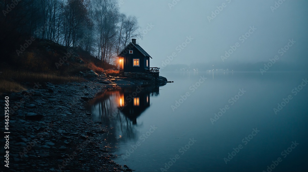 Obraz premium Misty Lakeside Cabin