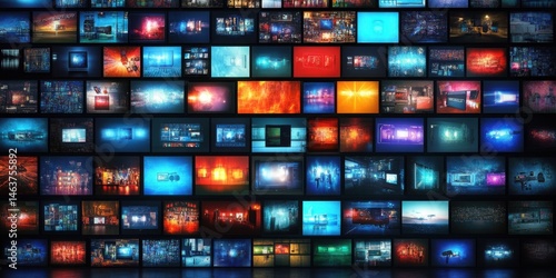 Digital wall with glowing multimedia screens