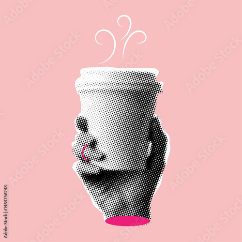 Female hand with ring holding coffee cup in halftone style,trendy retro collage element,coffee break concept,hot drink with steam