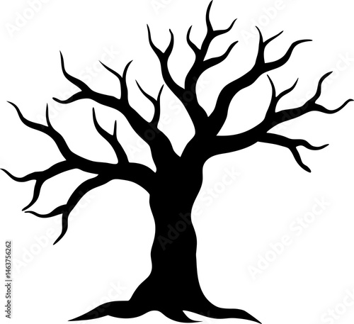 
Leafless Bare Tree Silhouette with Twisted Curved Branches, Black Creepy old dead Naked trees without leaves spooky Forest Silhouette design for Halloween and Winter event Nature theme decoration
