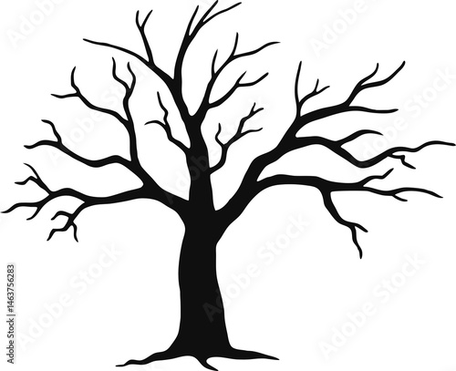 
Leafless Bare Tree Silhouette with Twisted Curved Branches, Black Creepy old dead Naked trees without leaves spooky Forest Silhouette design for Halloween and Winter event Nature theme decoration
