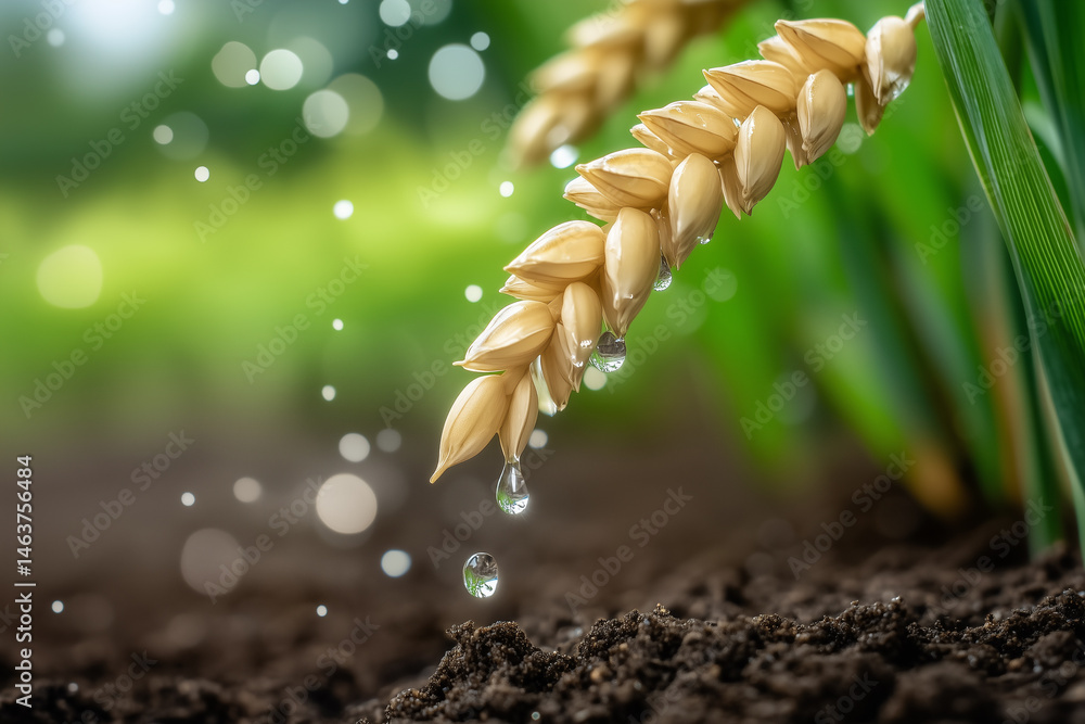 Dew Drops on Wheat Spike in Field