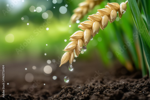 Obraz na płótnie Dew Drops on Wheat Spike in Field w salonie