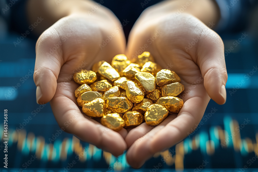 Hands holding gold nuggets with stock chart background