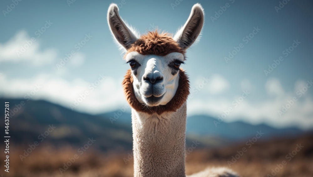 Obraz premium Wildlife scene featuring a curious llama's head in a rural landscape with mountains