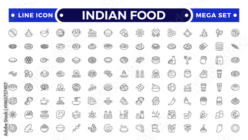 Indian Food Doddle icon Set, Line art for delicacy clip-art, Sweet and Salty Dishes icon set.