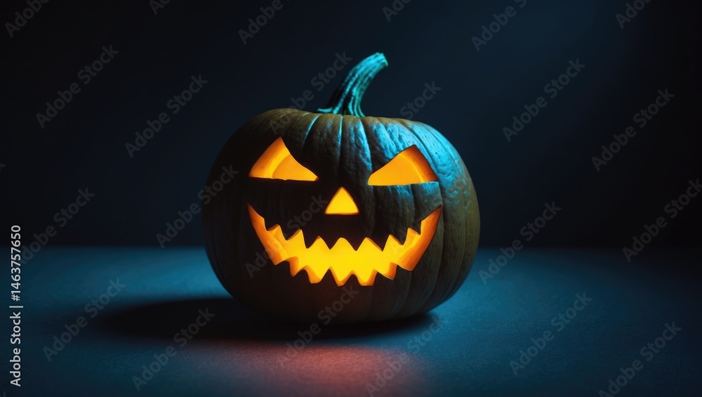 Spooky jack-o-lantern with a sinister smile in the dark Spooky jack-o-lantern with a sinister smile in the dark