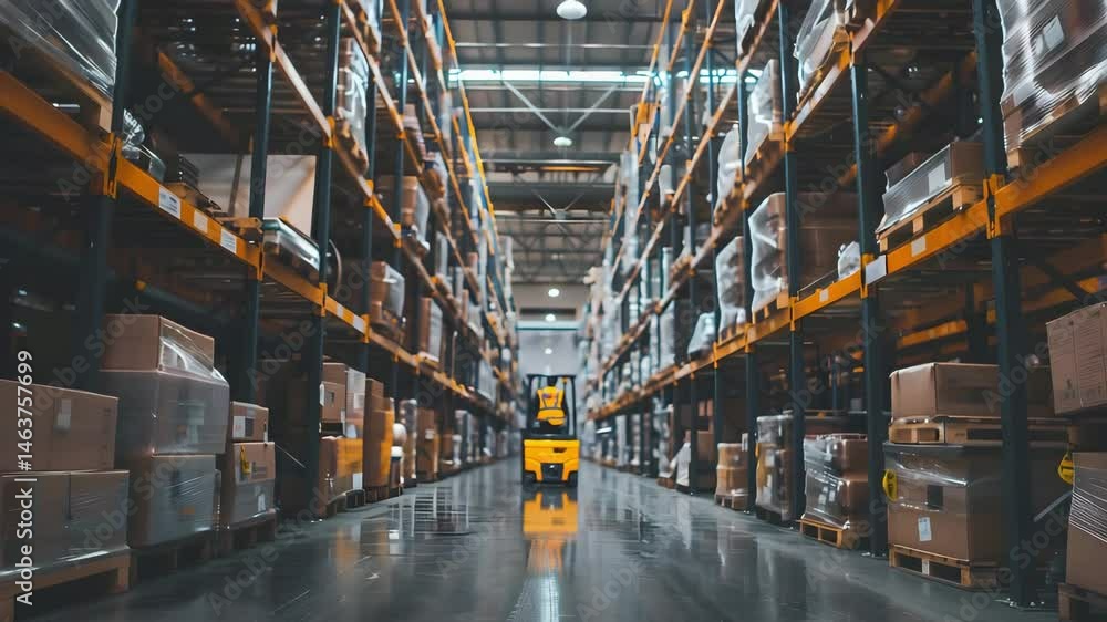 Warehouse forklift moving boxes in large storage facility with tall shelves, organized inventory, efficient logistics, and busy industrial environment Warehouse forklift moving boxes in large storage facility with tall shelves, organized inventory, efficient logistics, and busy industrial environment