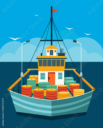The deck of a solarpowered fishing boat filled with buckets of freshly caught fish ready to be taken to market.. Vector illustration