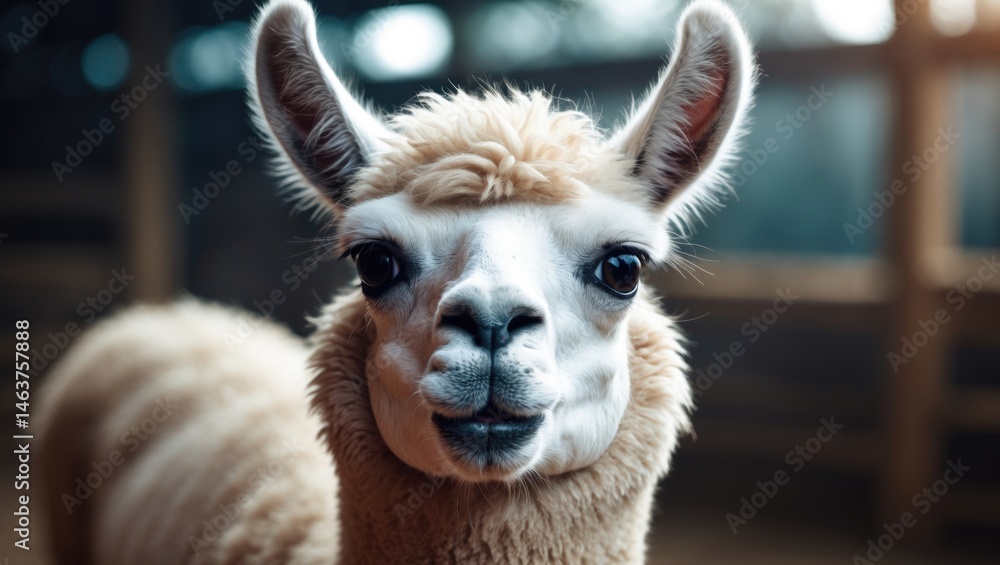 Obraz premium Portrait of a friendly llama with fluffy wool and a bright background