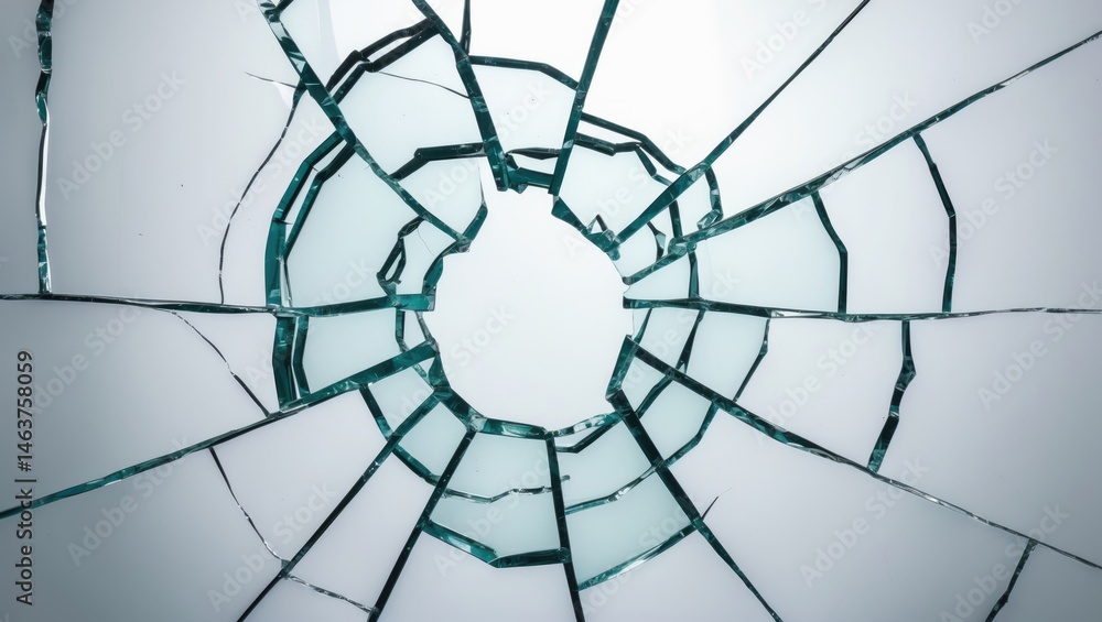 Obraz premium Cracked glass fragment with hole against white backdrop