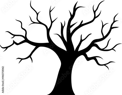 
Leafless Bare Tree Silhouette with Twisted Curved Branches, Black Creepy old dead Naked trees without leaves spooky Forest Silhouette design for Halloween and Winter event Nature theme decoration
