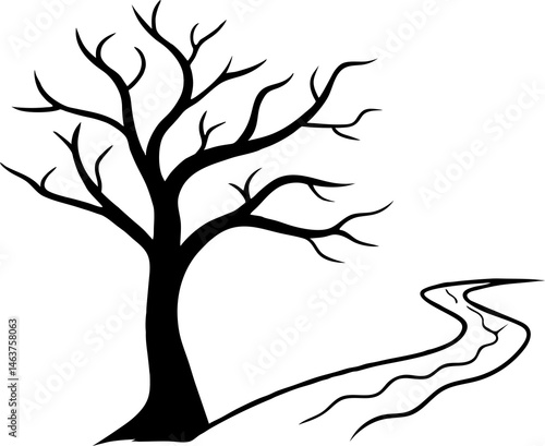 
Leafless Bare Tree Silhouette with Twisted Curved Branches, Black Creepy old dead Naked trees without leaves spooky Forest Silhouette design for Halloween and Winter event Nature theme decoration

