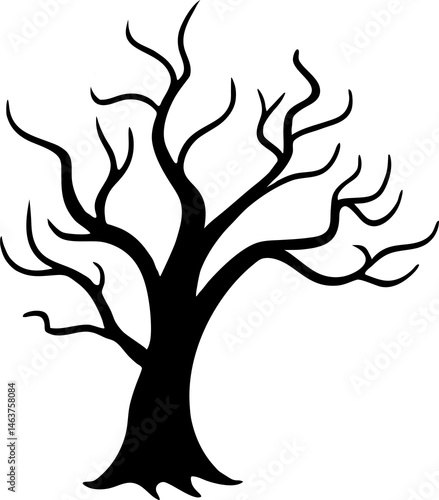 
Leafless Bare Tree Silhouette with Twisted Curved Branches, Black Creepy old dead Naked trees without leaves spooky Forest Silhouette design for Halloween and Winter event Nature theme decoration
