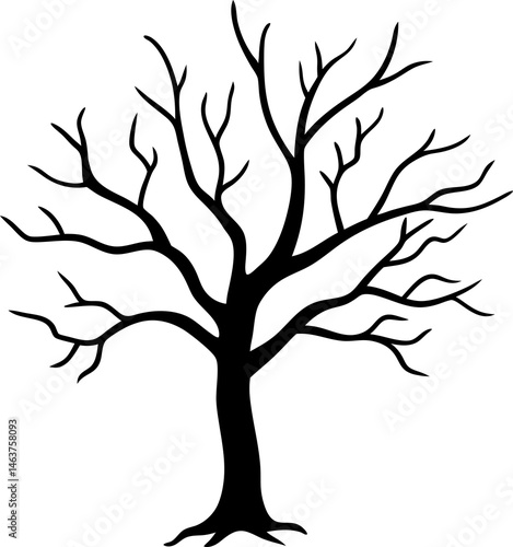 
Leafless Bare Tree Silhouette with Twisted Curved Branches, Black Creepy old dead Naked trees without leaves spooky Forest Silhouette design for Halloween and Winter event Nature theme decoration
