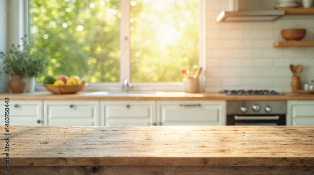 Empty wooden table with the bright white interior of the kitchen as a blurred background behind the bokeh golden sunshine Empty wooden table with the bright white interior of the kitchen as a blurred background behind the bokeh golden sunshine