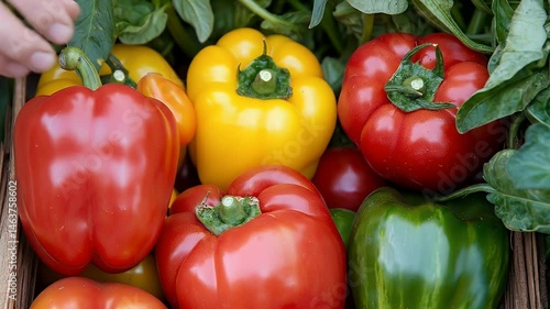 Assorted Ripe Bell Peppers Displayed in Wooden Crate with Green Leaves in Daylight