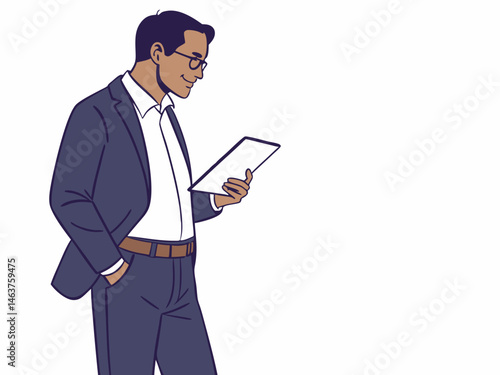 A handsome businessman in a suit holding a black clipboard and a folder exudes professional success in a corporate office