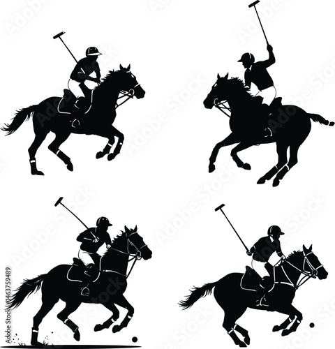 silhouette set of polo player. sport, horse, competition. different action, pose. vector illustration.